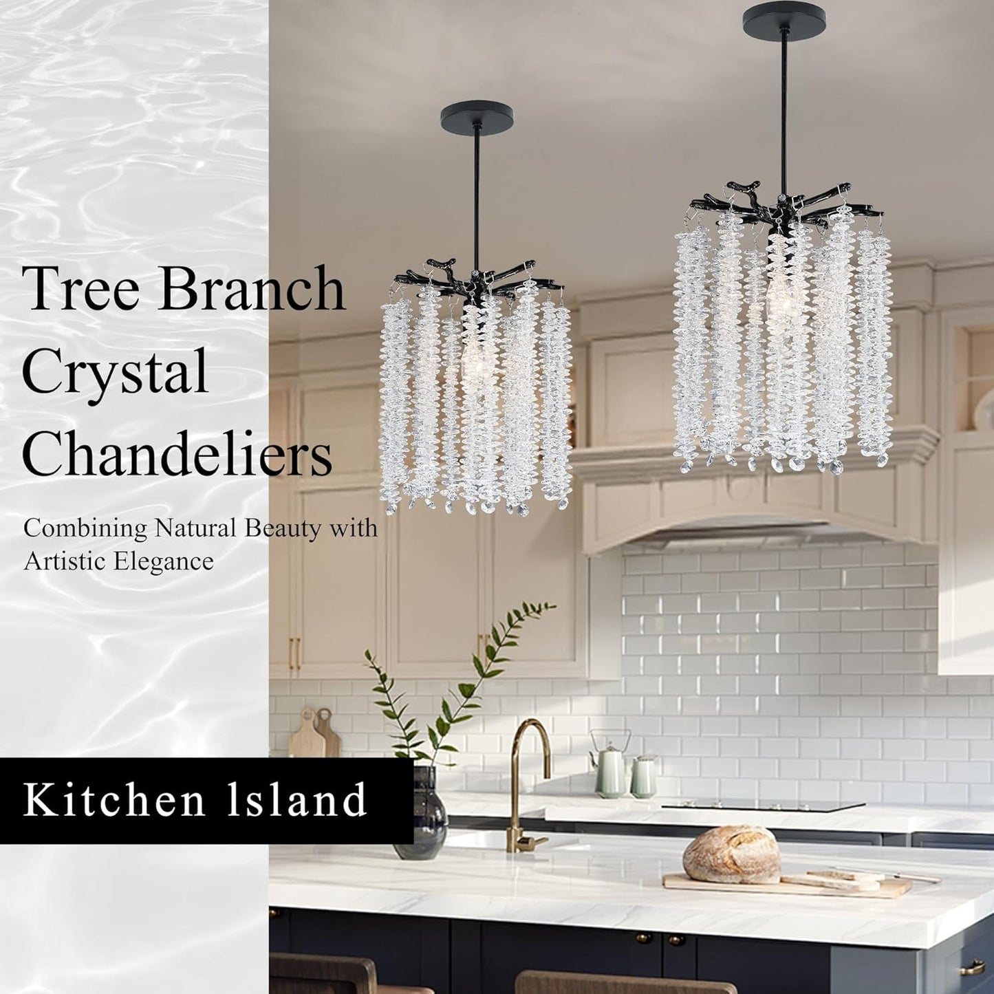 Twinklumen Black Crystal Pendant Light for Kitchen Island, Luxury Branch Chandelier Lights Fixture, Modern Elegant Adjustable Pendant Lighting for Dining Room Bedroom, E12 Bulb, L8'' x H11''