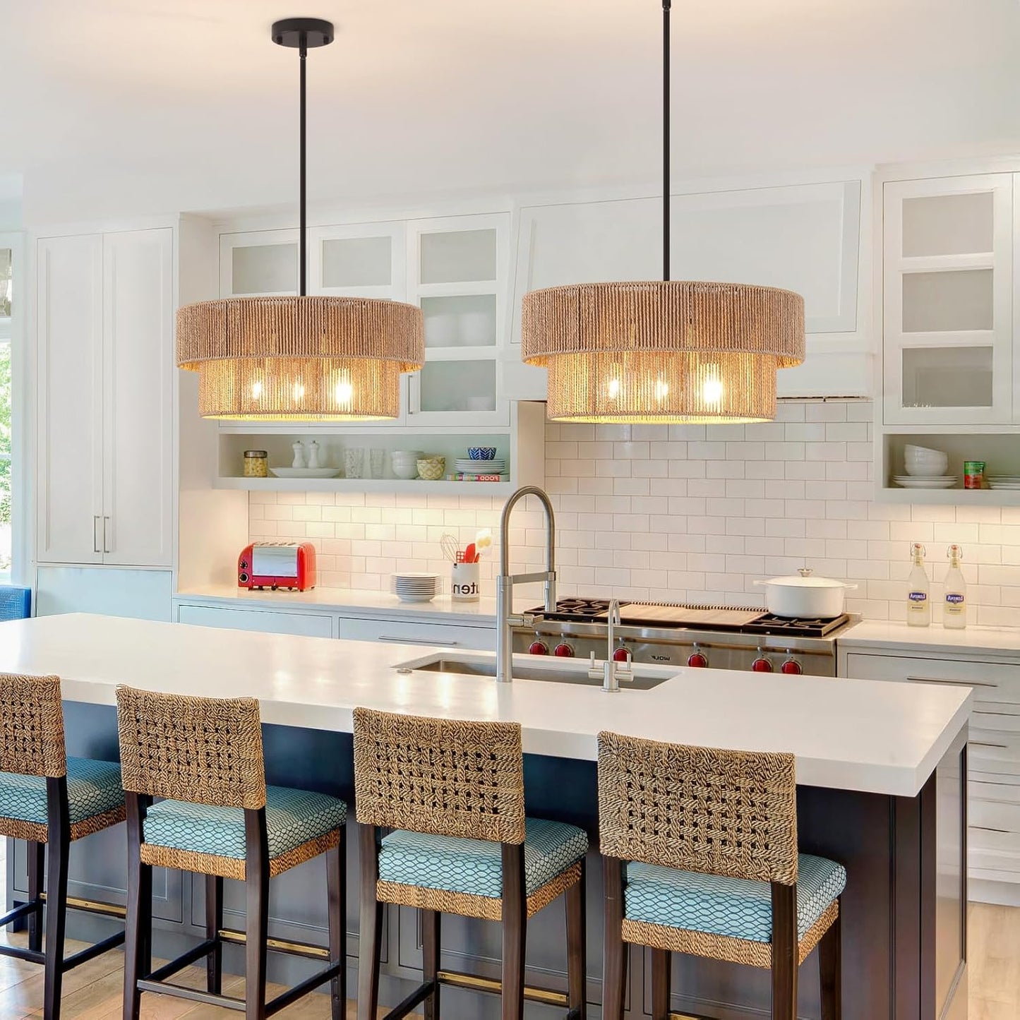 ZGKUYD Brown Boho Woven Rattan Chandelier, Adjustable Black Rod 2-Tier Drum Hanging Light, Brown Pendant Light for Dining Room/Kitchen Island