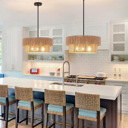 ZGKUYD Brown Boho Woven Rattan Chandelier, Adjustable Black Rod 2-Tier Drum Hanging Light, Brown Pendant Light for Dining Room/Kitchen Island