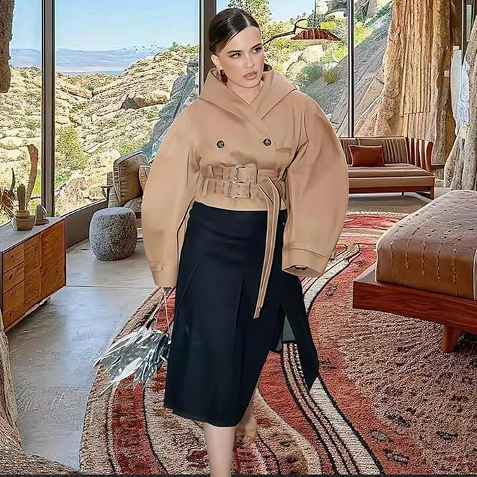 Wuitrie Women's Vintage Leather Hooded Coat Puff Sleeve Belted Waist Oversized Short Jacket Fall Casual Vacation Outwear