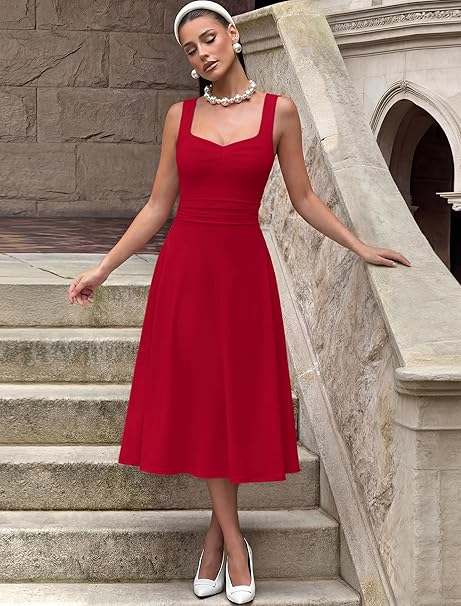 IWD Women's Square Neck A Line Midi Dress Ruched Waist Corset Flowy Elegant Wedding Guest Long Dresses