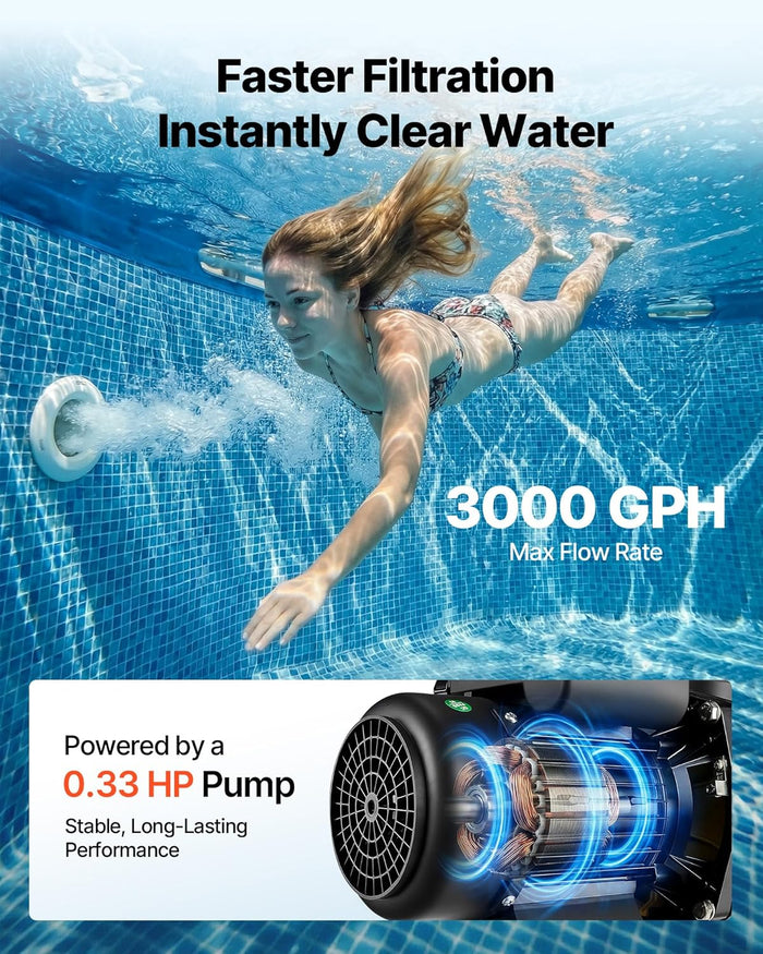 VEVOR 12 in Sand Filter Pump for Above Ground Pool, 0.33 HP 3000 GPH, Swimming Pool Sand Filter Pump with Pre-Assembled Core & Leak-Resistant Design, 6-Way Valve, High-Efficiency Filtration for Pools