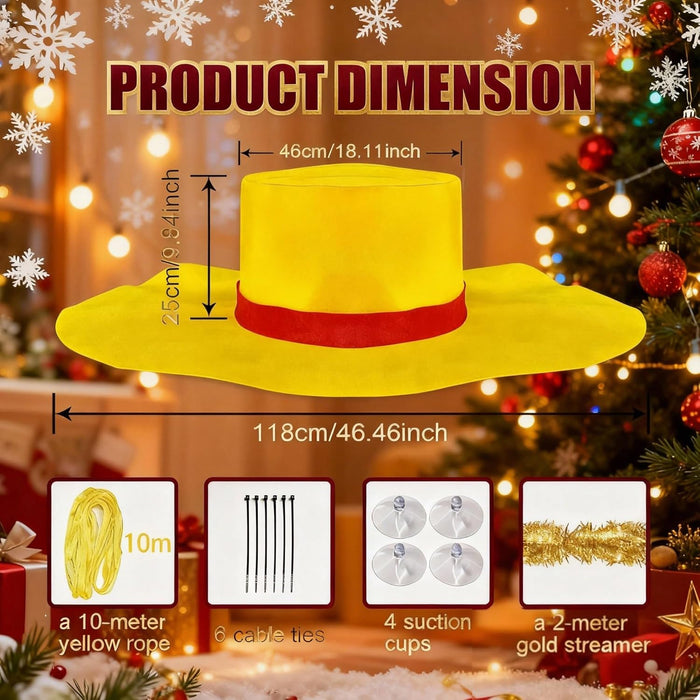 Halloween Anime one Piece Cap Car Decoration,46 Inch 2025 Giant Oversized Straw Hat Yellow Felt for Car, with Gold Strip Decoration Halloween Party Trunk or Treat Decor (yellow-46inch)