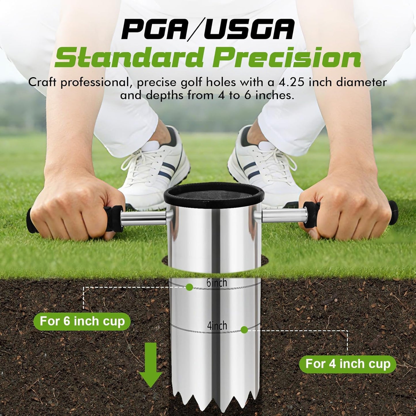 Portable Golf Hole Cutter 4" & 6" Golf Cup Digger, USGA-Standard Detachable Handle Stainless Steel Hole Digger for Backyard, Garden & Outdoor Golf Putting