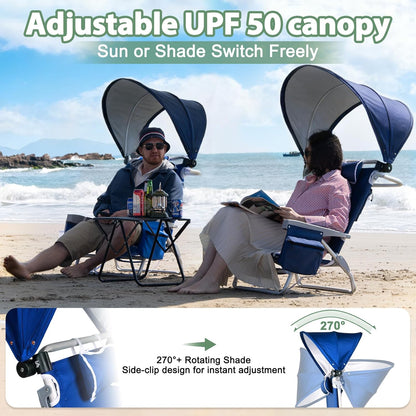 Romswi Extra Wide Beach Chair with Canopy Shade, 1 Pack Aluminum Folding Chairs with Detachable & Adjustable Umbrella, 5-Position Lay Flat, Cooler Bag, Cup & Phone Holder, Towel Bar, Royal Blue