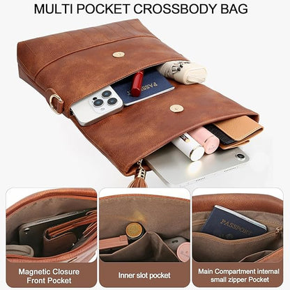 HILAEX Leather Crossbody Bag for Women Shoulder Handbag Multiple Pockets Adjustable Guitar Strap Tassel Trendy Travel