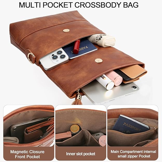 HILAEX Leather Crossbody Bag for Women Shoulder Handbag Multiple Pockets Adjustable Guitar Strap Tassel Trendy Travel