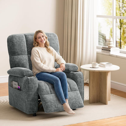 Amada Power Recliner Chair for Adults, Infinite Adjustable Chenille Electric Recliner with Cup Holder, USB Port, Side Pockets & Remote, Thick Seat Cushion, Reclining Chair for Living Room & Bedroom