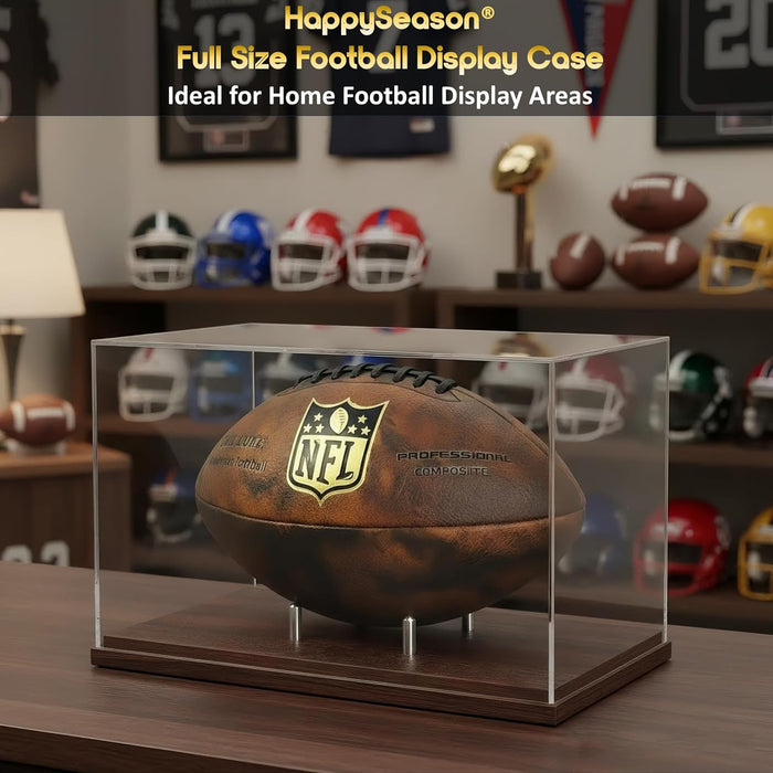 Happyseason Football Display Case, Walnut Wood Base, One-Piece Acrylic, Stainless Steel Rods, Clear Signed Football Holder, Full Size Autograph Football Display Stand, No Assembly Needed