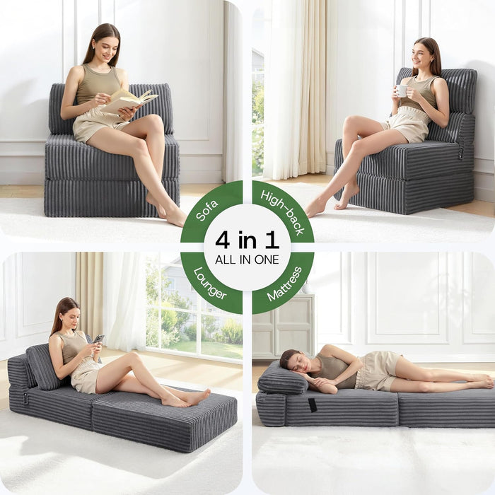 4-in-1 Folding Sofa Bed Convertible Chair Couch Foldable Chaise Lounger & Mattress Pocket Coils+Foam Fill, Portable No Assembly Boneless Sofa Floor Futon for Living Room/Bedroom, Single VE1