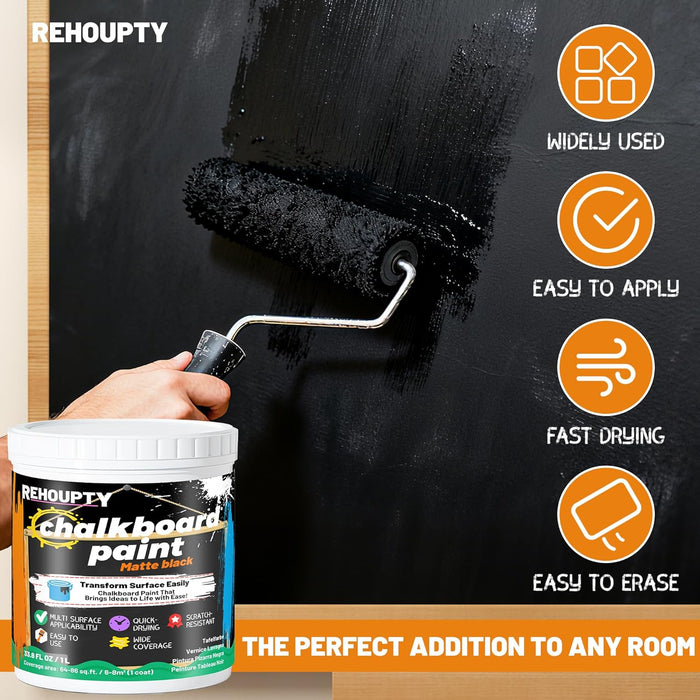 Black Chalkboard Paint - Matte Black Chalk Board Paint, 33.8 Fl Oz Easy to Apply & Brush-On Interior DIY Acrylic Coating, Chalkboard Finish for Wood, Metal, Furniture, Wall, Craft Covers 64 Sq Ft