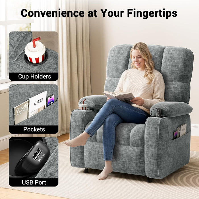 Amada Power Recliner Chair for Adults, Infinite Adjustable Chenille Electric Recliner with Cup Holder, USB Port, Side Pockets & Remote, Thick Seat Cushion, Reclining Chair for Living Room & Bedroom