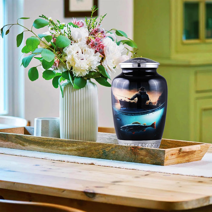 Fishing Cremation Urn for Human Ashes | Adult Cremation Urn for Ashes, Urn for Men & Women, Handmade Funeral Urns with Velvet Bag 200cubic Inch. (Black Engraved, Adult)
