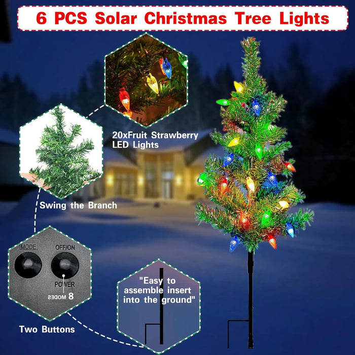 6 PCS Solar Christmas Tree, Outdoor Christmas Decorations, Xmas Tree Solar Powered with 120 LED Multi-Color Lights, for Holiday Yard Front Porch Pathway Graveyard Cemetery Garden Patio Decoration