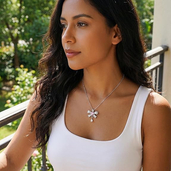 Gold Bow Necklace for Women, 14K Gold Plated Cubic Zirconia Bow Pendant, Cute and Delicate Bow Jewelry, Valentine’s Day Gift for Her