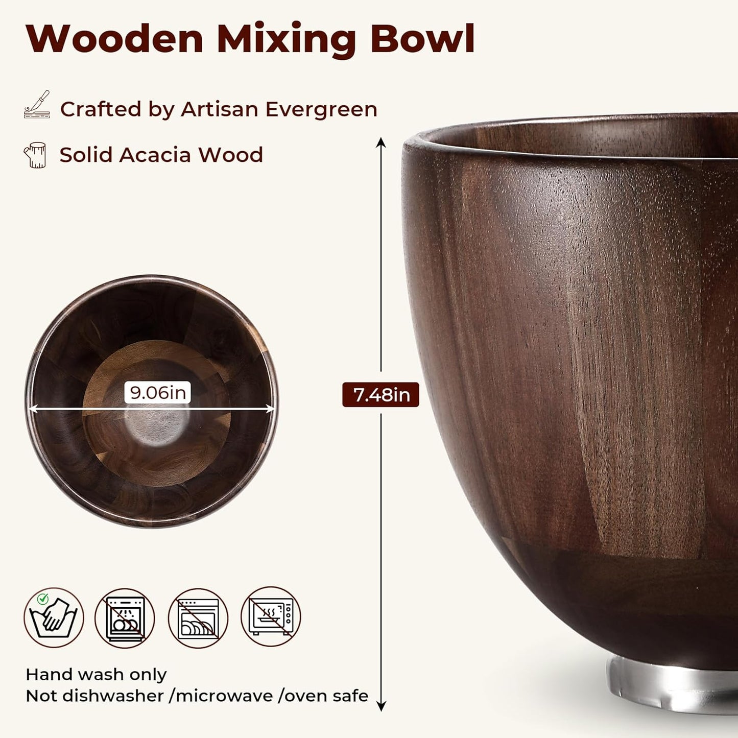 Wooden Mixing Bowl Official Acacia Wooden Bowl Compatible with KitchenAid Stand Mixer 4.5 & 5 QT Tilt-Head Models