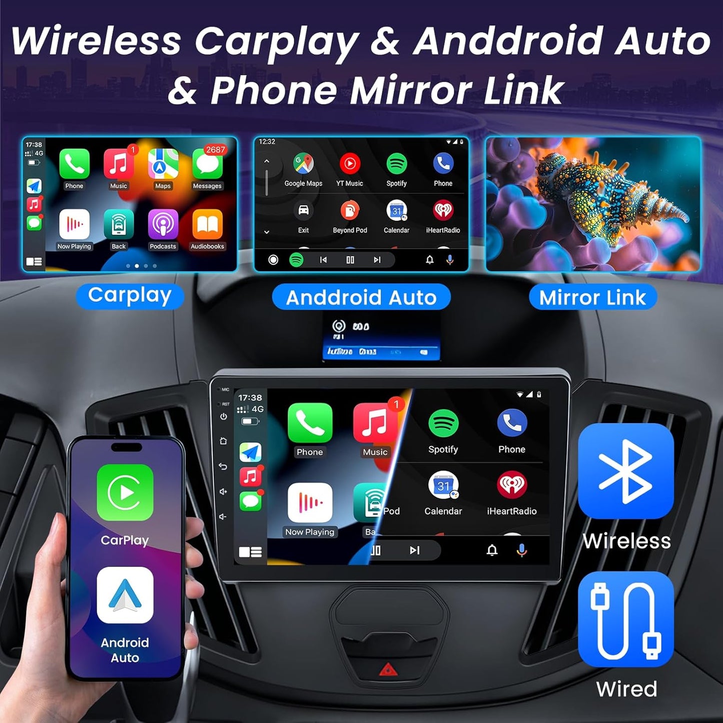 Radio Stereo Upgrade Replacement for Ford Transit 150 250 350 2015–2019: 9” IPS Touchscreen Head Unit, Wireless CarPlay Android Auto, Bluetooth 5.0 FM GPS WiFi DSP, 2GB RAM 64GB ROM