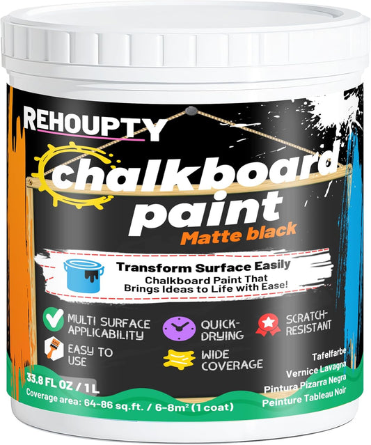 Black Chalkboard Paint - Matte Black Chalk Board Paint, 33.8 Fl Oz Easy to Apply & Brush-On Interior DIY Acrylic Coating, Chalkboard Finish for Wood, Metal, Furniture, Wall, Craft Covers 64 Sq Ft