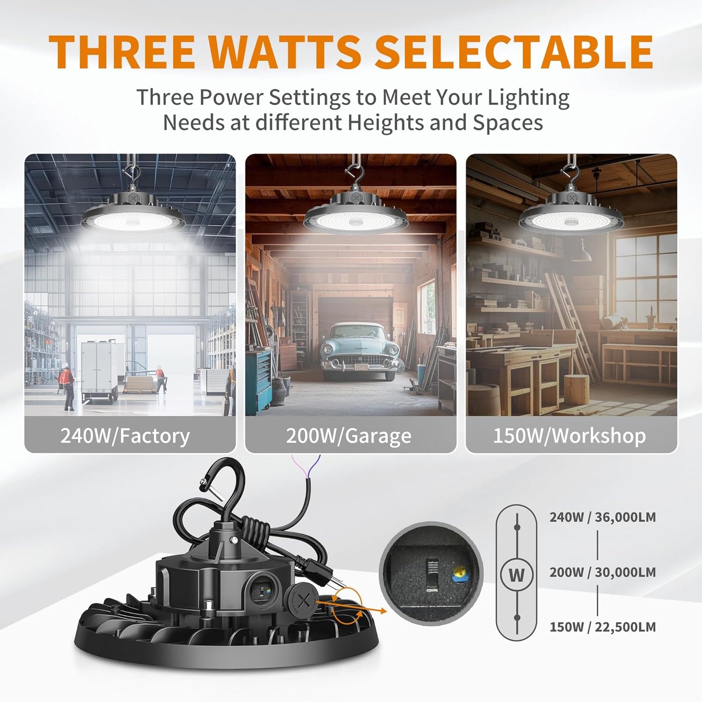 UFO LED High Bay Light 240W 36,000lm 0-10V Dimmable 5000K Daylight, High Bay LED Shop Light with US Plug 5’ Cable, Commercial LED Warehouse Lights, Factory Area Lighting Fixture