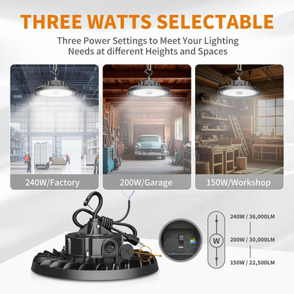UFO LED High Bay Light 240W 36,000lm 0-10V Dimmable 5000K Daylight, High Bay LED Shop Light with US Plug 5’ Cable, Commercial LED Warehouse Lights, Factory Area Lighting Fixture