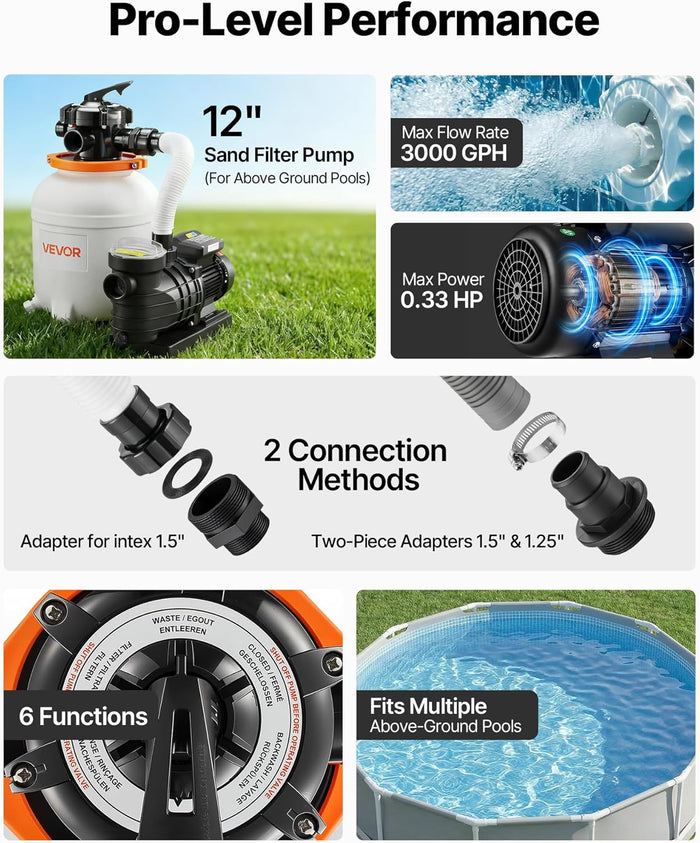 VEVOR 12 in Sand Filter Pump for Above Ground Pool, 0.33 HP 3000 GPH, Swimming Pool Sand Filter Pump with Pre-Assembled Core & Leak-Resistant Design, 6-Way Valve, High-Efficiency Filtration for Pools