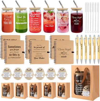 42 Pcs/6 Sets Employee appreciation gifts bulk - Includes 16oz glass cups with bamboo lid, Positive crochet, Kraft paper gift bags & straw - Thank you gifts for coworkers, Teachers, Staff & Team