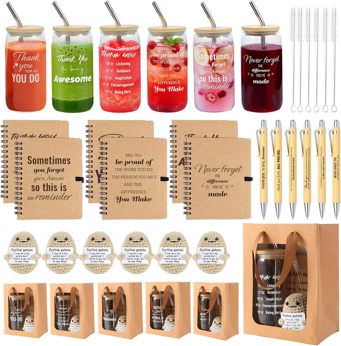 42 Pcs/6 Sets Employee appreciation gifts bulk - Includes 16oz glass cups with bamboo lid, Positive crochet, Kraft paper gift bags & straw - Thank you gifts for coworkers, Teachers, Staff & Team