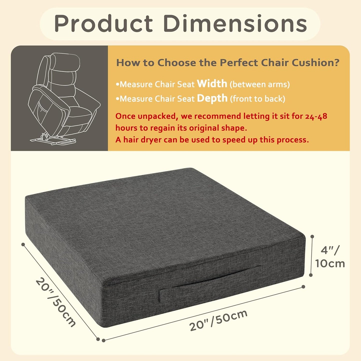 MineCozy Recliner Cushions for Elderly 20x20x4 Inch Thick Large Recliner Seat Cushion with a Handle Square Non Slip Chair Pads with Washable Cover for Couch Armchair Chairs Dark