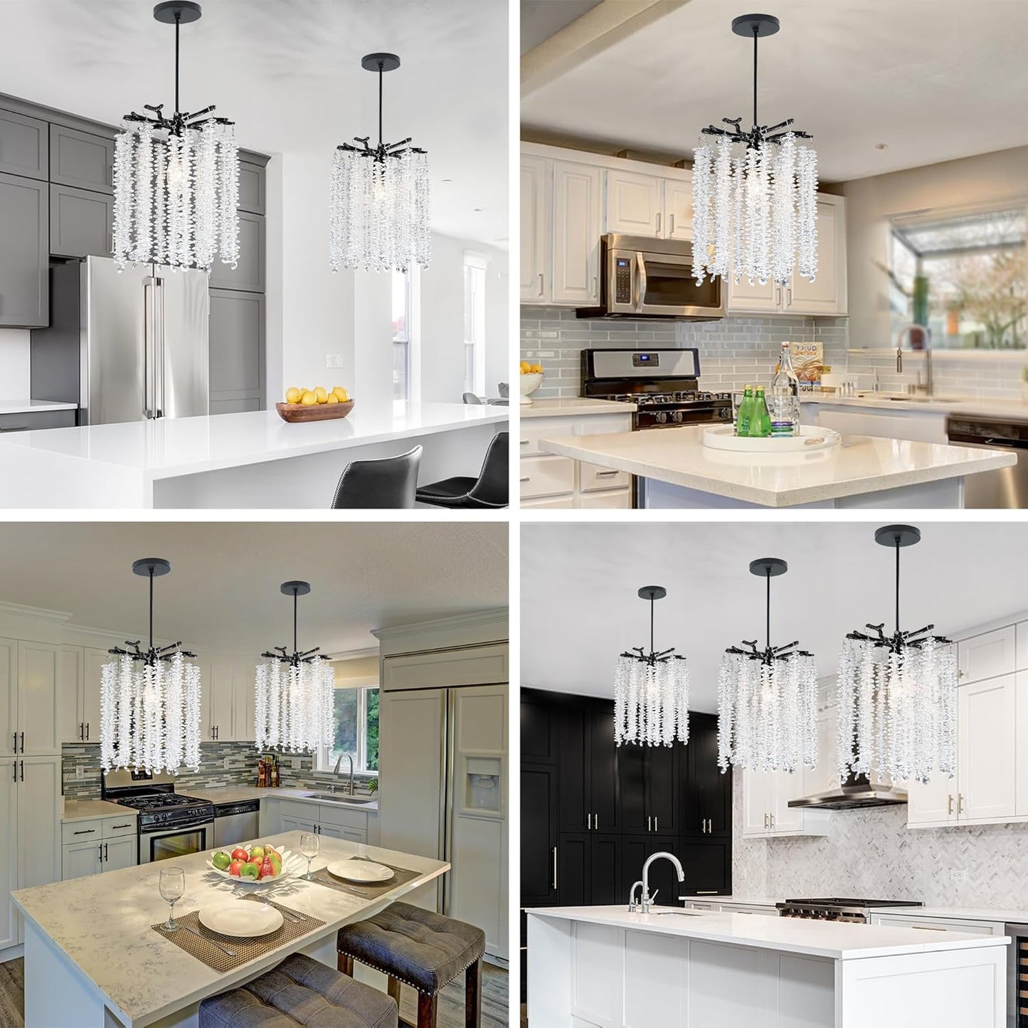 Twinklumen Black Crystal Pendant Light for Kitchen Island, Luxury Branch Chandelier Lights Fixture, Modern Elegant Adjustable Pendant Lighting for Dining Room Bedroom, E12 Bulb, L8'' x H11''