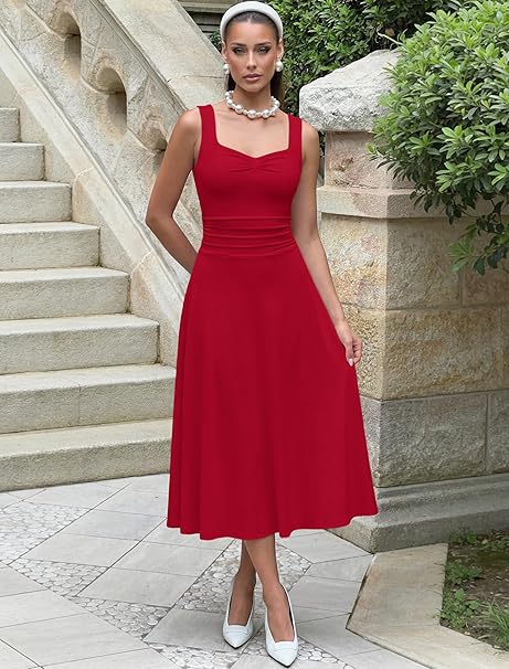 IWD Women's Square Neck A Line Midi Dress Ruched Waist Corset Flowy Elegant Wedding Guest Long Dresses
