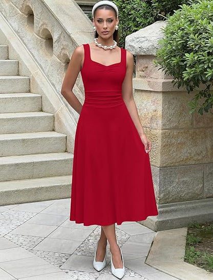 IWD Women's Square Neck A Line Midi Dress Ruched Waist Corset Flowy Elegant Wedding Guest Long Dresses