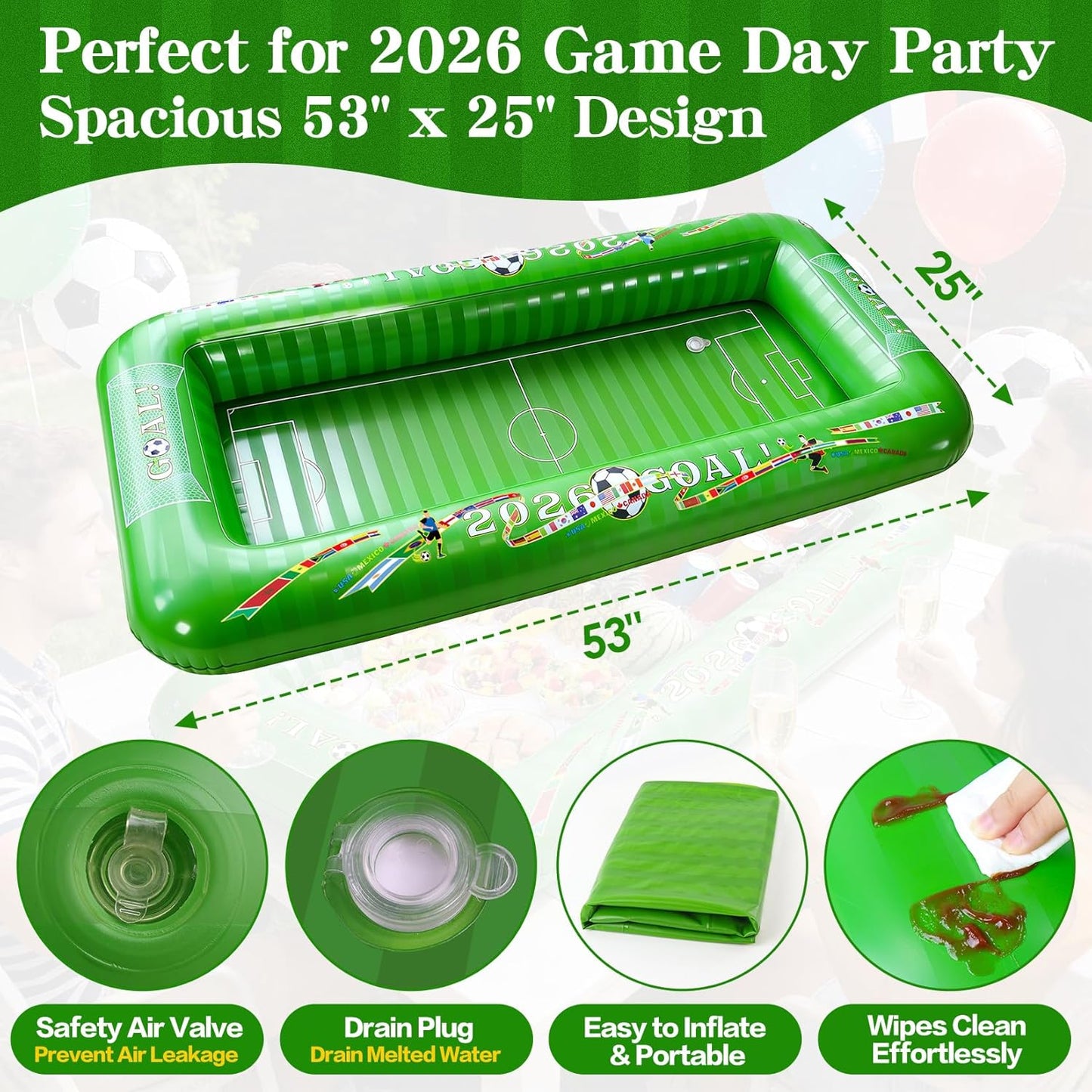 2026 Soccer Party Inflatable Serving Bar | 53" Large Floating Pool Cooler & Buffet Tray for Drinks Food | Outdoor Game Day Decorations, PortableTailgating & Birthday Supplies