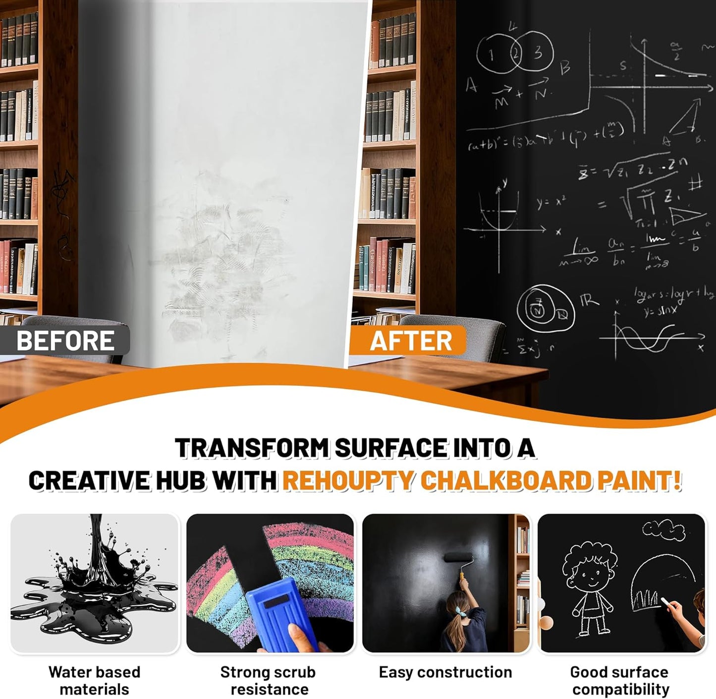 Black Chalkboard Paint - Matte Black Chalk Board Paint, 33.8 Fl Oz Easy to Apply & Brush-On Interior DIY Acrylic Coating, Chalkboard Finish for Wood, Metal, Furniture, Wall, Craft Covers 64 Sq Ft