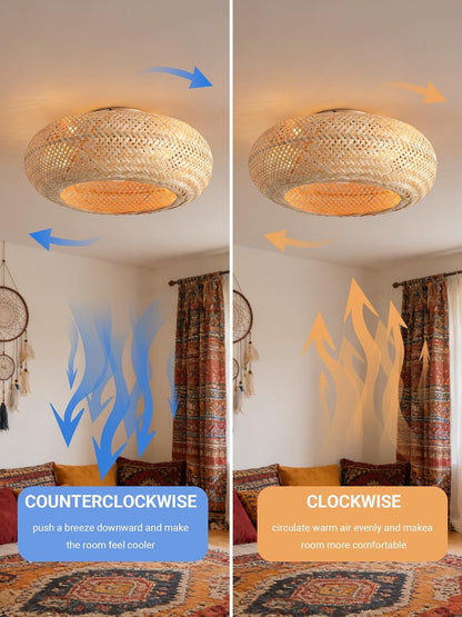 20in Boho Ceiling Fans with Lights,Rattan Caged Low Profile Ceiling Fan with Light,6 Speeds Timer Reversible DC Motor for Living Room Bedroom Dining Room