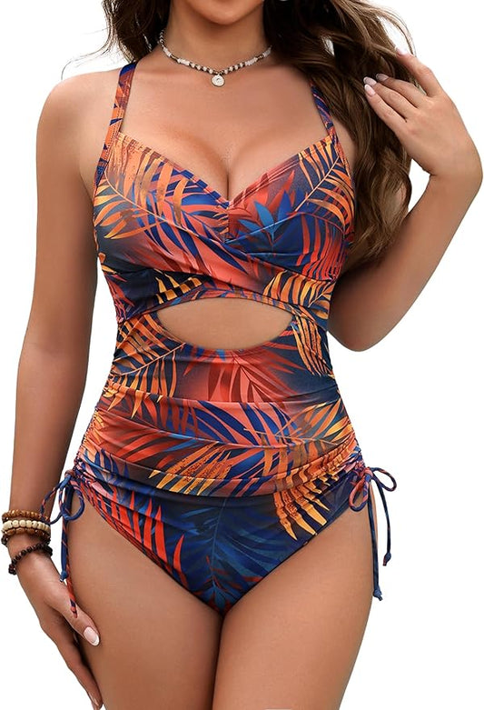 Blooming Jelly Women One Piece Swimsuits with Drawstring Tummy Control Cutout Bathing Suit Ruched Full Coverage Swim Suits