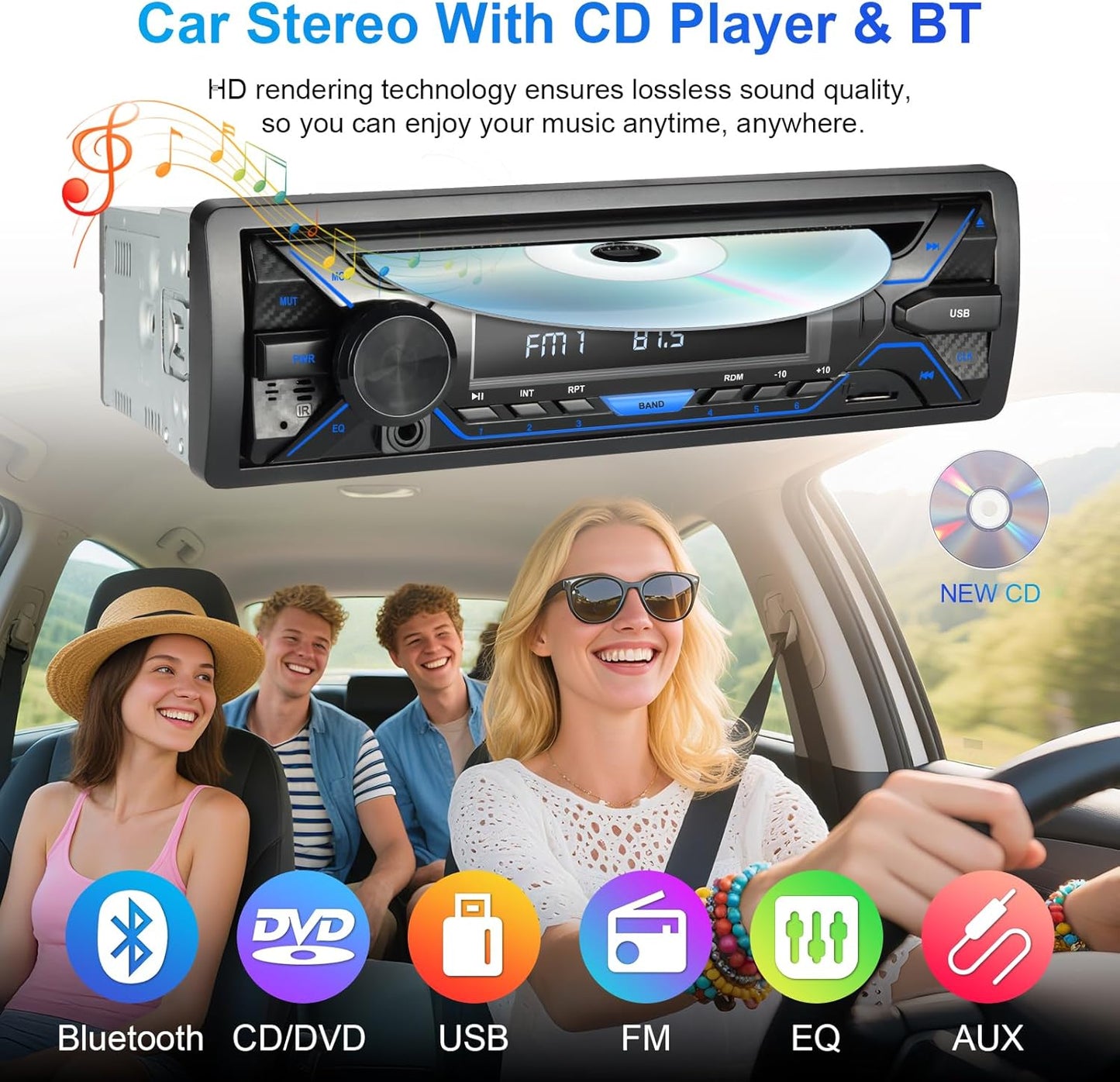 Single Din Car Stereo with CD/DVD Player, Single Din Radio with SD Card/AUX/USB Playback, AM/FM
