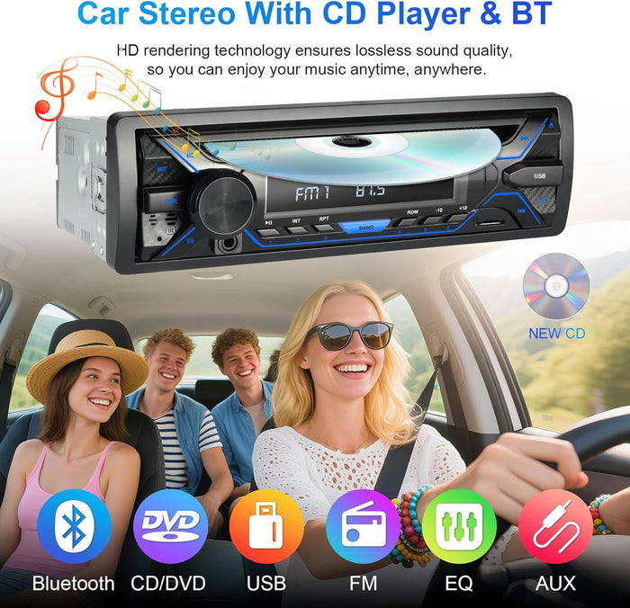 Single Din Car Stereo with CD/DVD Player, Single Din Radio with SD Card/AUX/USB Playback, AM/FM