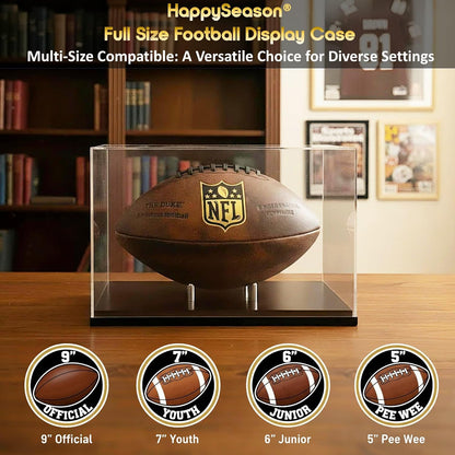 Happyseason Football Display Case, Walnut Wood Base, One-Piece Acrylic, Stainless Steel Rods, Clear Signed Football Holder, Full Size Autograph Football Display Stand, No Assembly Needed