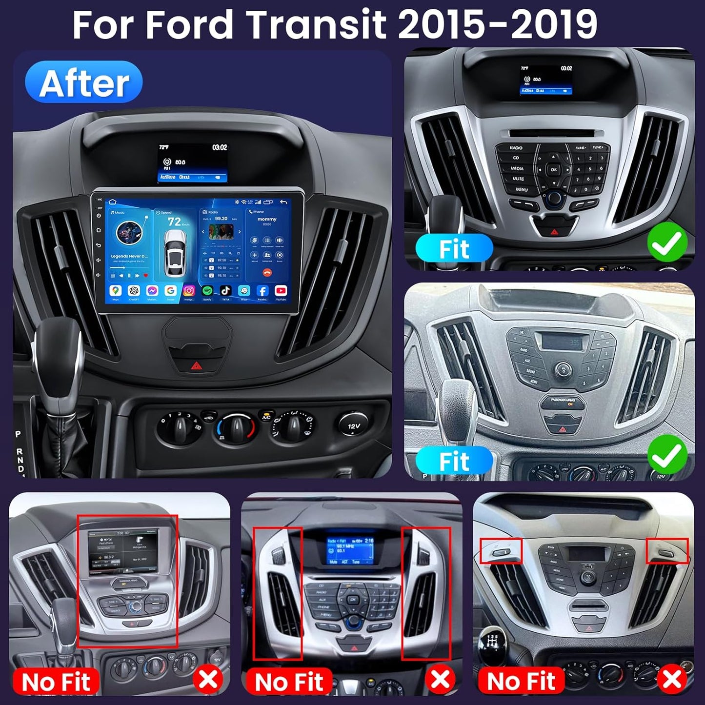 Radio Stereo Upgrade Replacement for Ford Transit 150 250 350 2015–2019: 9” IPS Touchscreen Head Unit, Wireless CarPlay Android Auto, Bluetooth 5.0 FM GPS WiFi DSP, 2GB RAM 64GB ROM