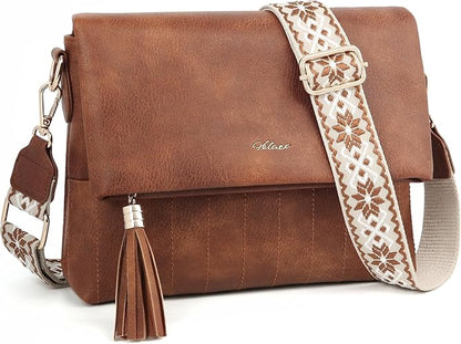 HILAEX Leather Crossbody Bag for Women Shoulder Handbag Multiple Pockets Adjustable Guitar Strap Tassel Trendy Travel