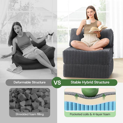 4-in-1 Folding Sofa Bed Convertible Chair Couch Foldable Chaise Lounger & Mattress Pocket Coils+Foam Fill, Portable No Assembly Boneless Sofa Floor Futon for Living Room/Bedroom, Single VE1