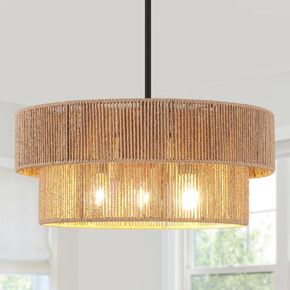 ZGKUYD Brown Boho Woven Rattan Chandelier, Adjustable Black Rod 2-Tier Drum Hanging Light, Brown Pendant Light for Dining Room/Kitchen Island