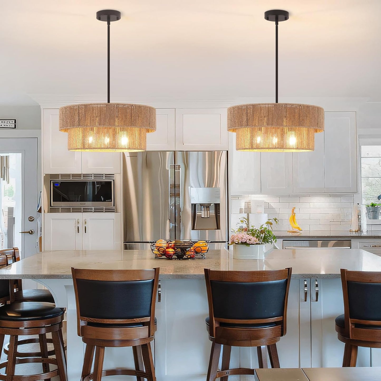 ZGKUYD Brown Boho Woven Rattan Chandelier, Adjustable Black Rod 2-Tier Drum Hanging Light, Brown Pendant Light for Dining Room/Kitchen Island