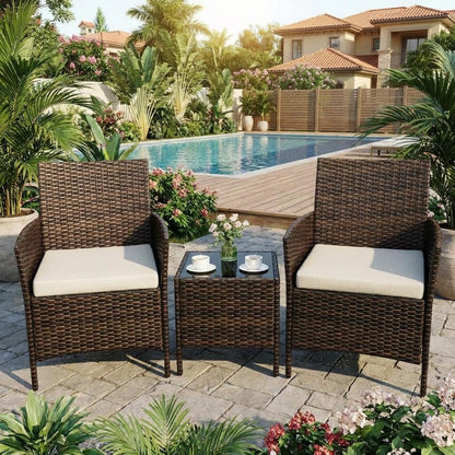 3PCS Outdoor Patio Bistro Set, PE Rattan Wicker Armchairs with Water-Resistant Cushions & Tempered Glass Coffee Table, All-Weather Conversation Set for Garden, Backyard, Porch, Poolside, Brown/Beige