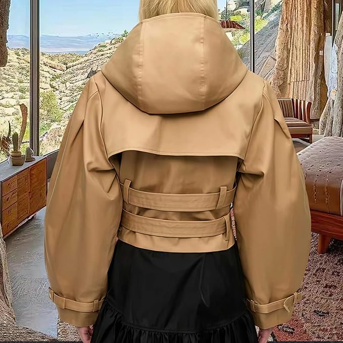 Wuitrie Women's Vintage Leather Hooded Coat Puff Sleeve Belted Waist Oversized Short Jacket Fall Casual Vacation Outwear