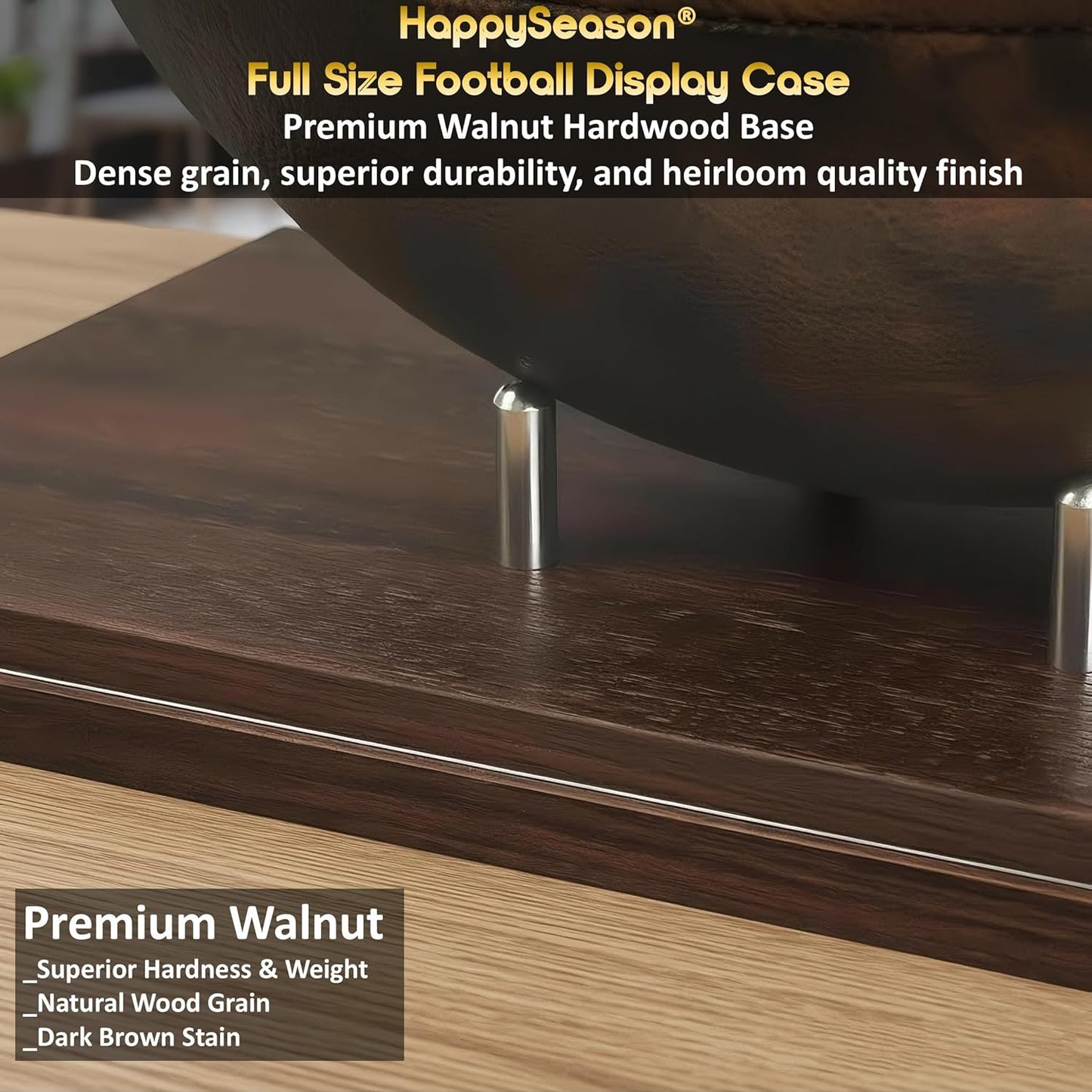 Happyseason Football Display Case, Walnut Wood Base, One-Piece Acrylic, Stainless Steel Rods, Clear Signed Football Holder, Full Size Autograph Football Display Stand, No Assembly Needed