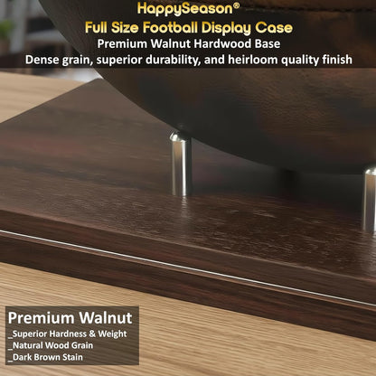 Happyseason Football Display Case, Walnut Wood Base, One-Piece Acrylic, Stainless Steel Rods, Clear Signed Football Holder, Full Size Autograph Football Display Stand, No Assembly Needed