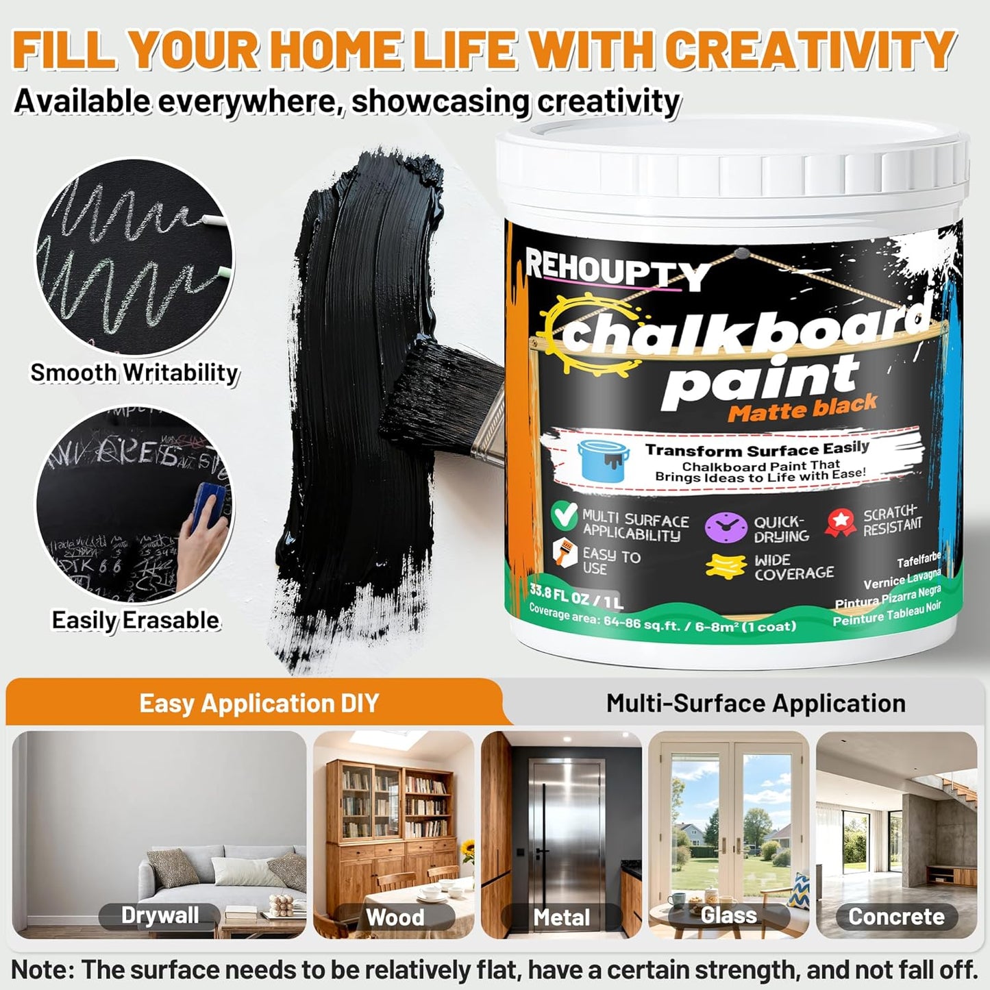 Black Chalkboard Paint - Matte Black Chalk Board Paint, 33.8 Fl Oz Easy to Apply & Brush-On Interior DIY Acrylic Coating, Chalkboard Finish for Wood, Metal, Furniture, Wall, Craft Covers 64 Sq Ft