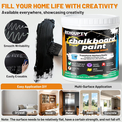 Black Chalkboard Paint - Matte Black Chalk Board Paint, 33.8 Fl Oz Easy to Apply & Brush-On Interior DIY Acrylic Coating, Chalkboard Finish for Wood, Metal, Furniture, Wall, Craft Covers 64 Sq Ft