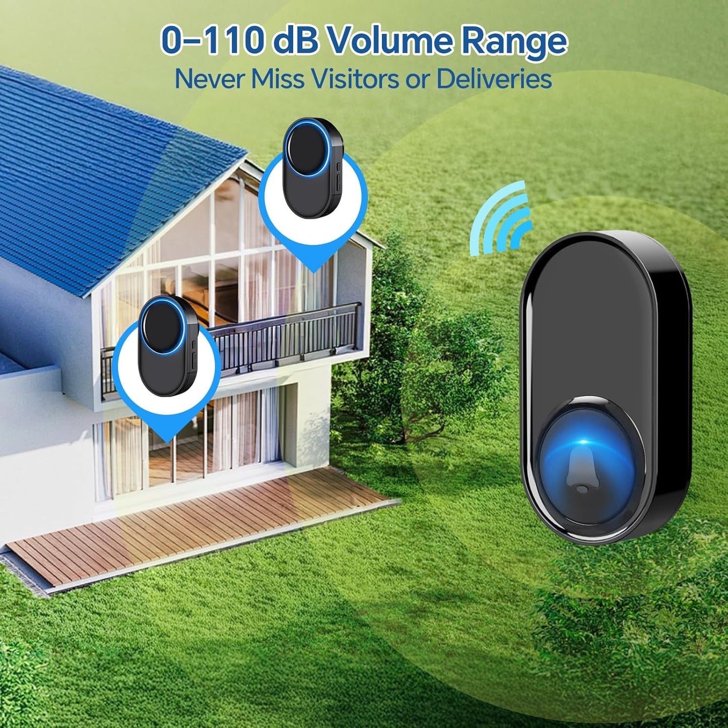 Wireless Bell 1 Transmitters 1 Receivers, Bell Front Door Radio Set, 400 m / 1300 ft Range, 58 Melodies, IP55 Outdoor Waterproof for Garden, Home, Office